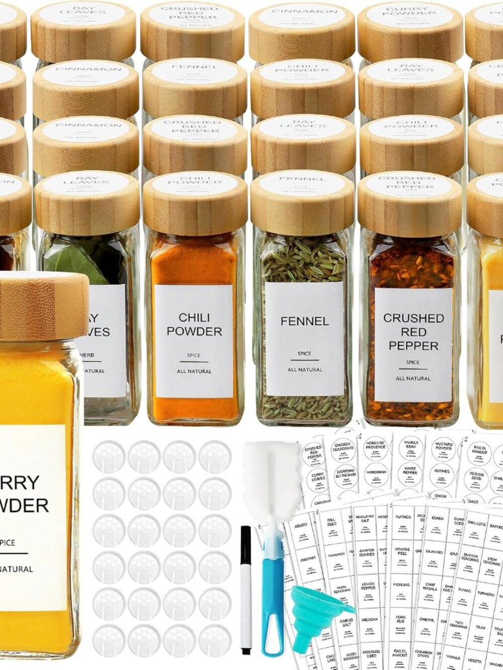 Glass Spice Jars with Bamboo Lid & 398 Label for Cabinet & Drawer Organizer